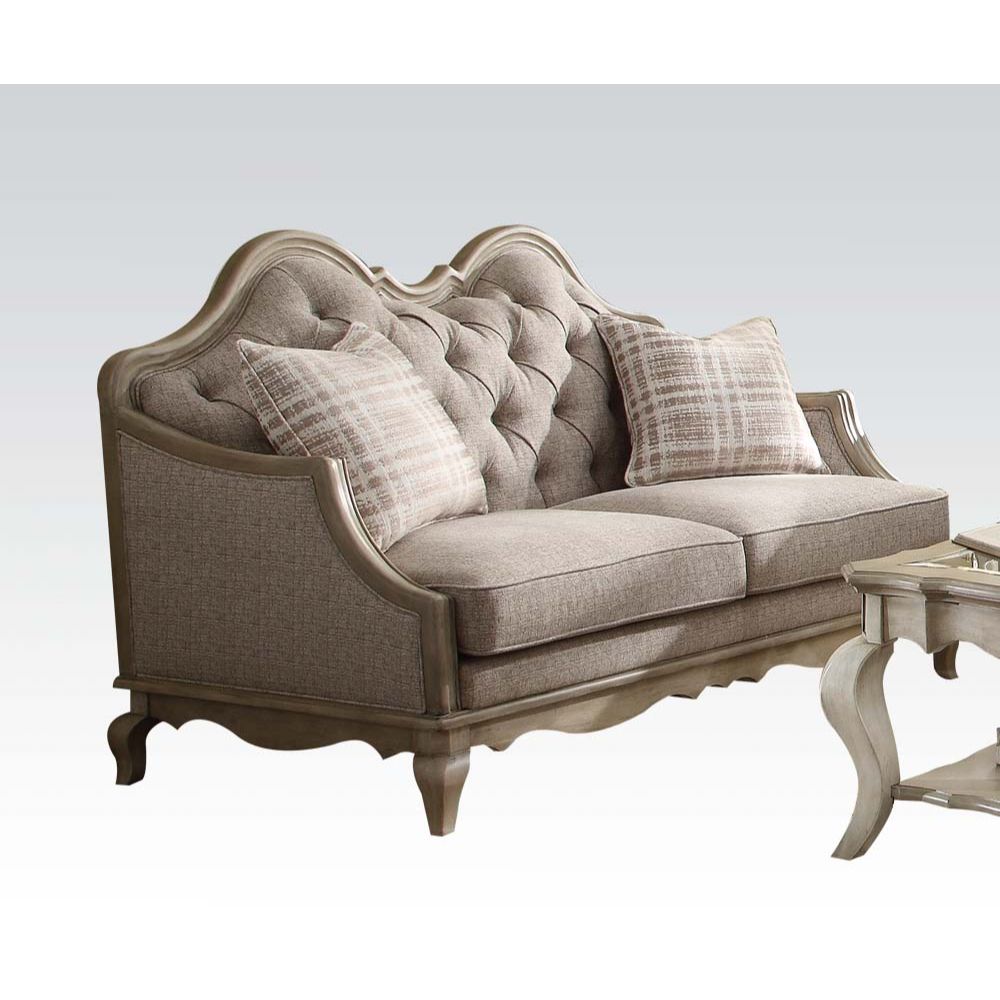Chelmsford Loveseat with 2 Pillows in Beige Fabric & Antique Taupe