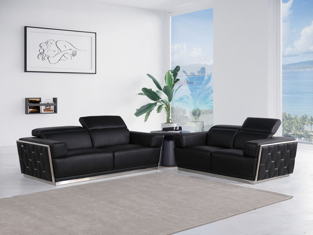 DivanItalia 1111 2-Piece Sofa Set with Adjustable Headrest in Top-Grain Italian Leather - Black