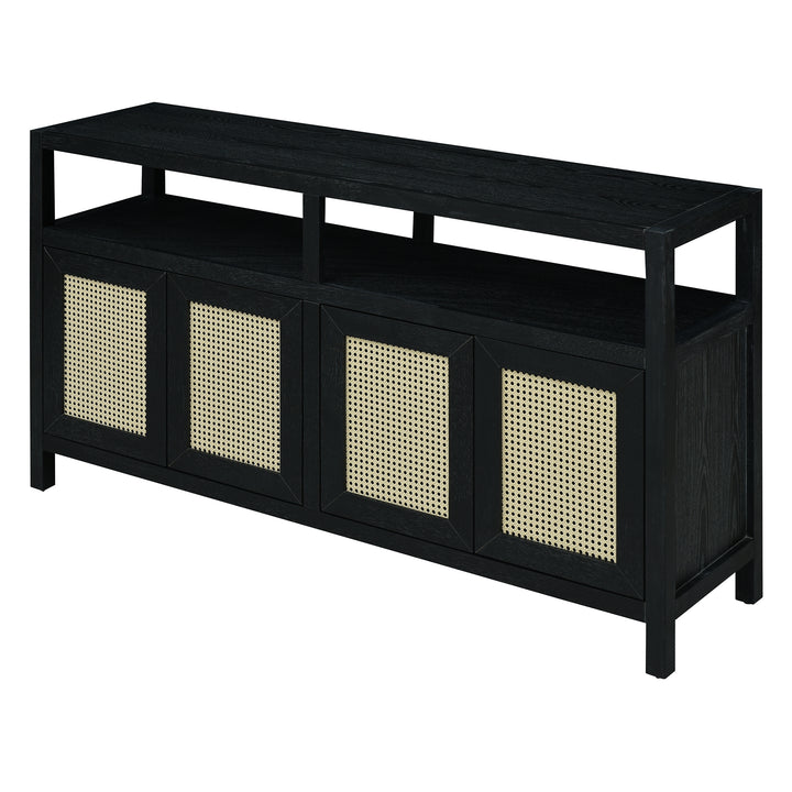 bohemian-style-rattan-sideboard-or-buffet-storage-cabinet-with-solid-wood-frame-black