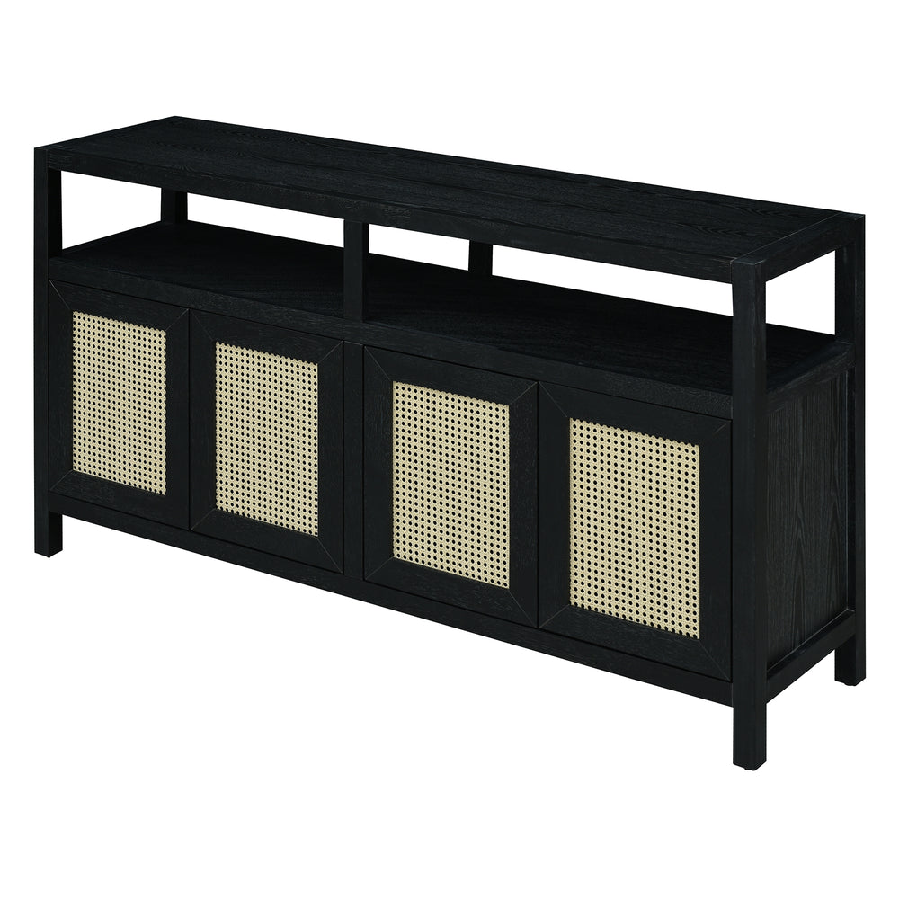 bohemian-style-rattan-sideboard-or-buffet-storage-cabinet-with-solid-wood-frame-black