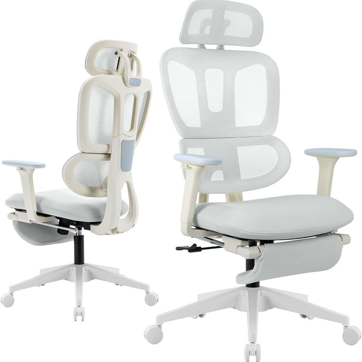 Grey &amp; White Ergonomic High-Back Office Chair with Footrest and Dynamic Lumbar Support