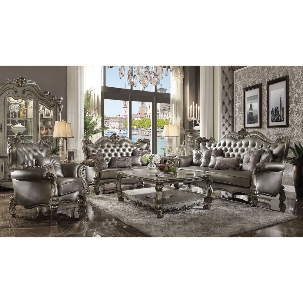 Versailles Loveseat with 4 Pillows in Silver Leatherette & Antique Platinum