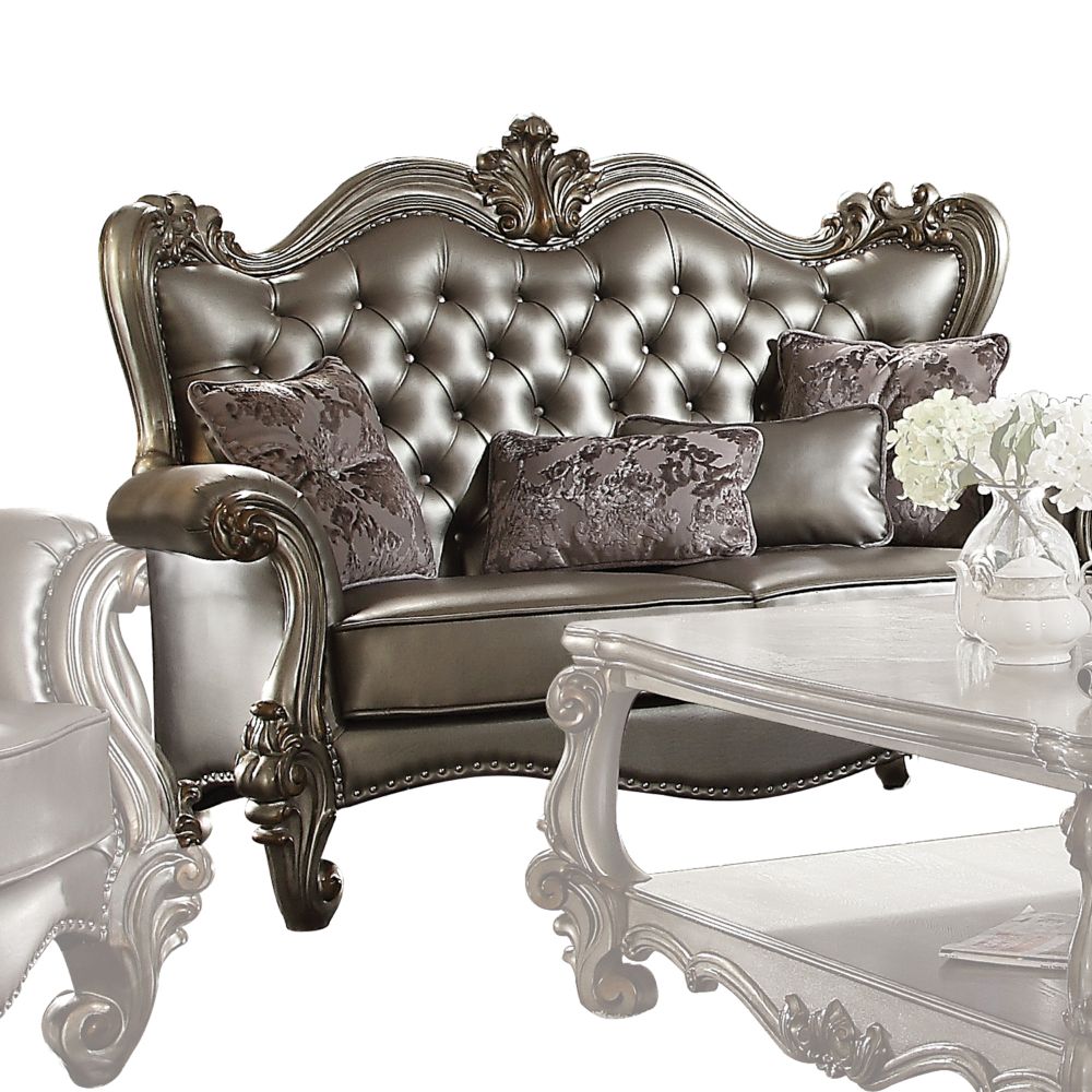 Versailles Loveseat with 4 Pillows in Silver Leatherette & Antique Platinum