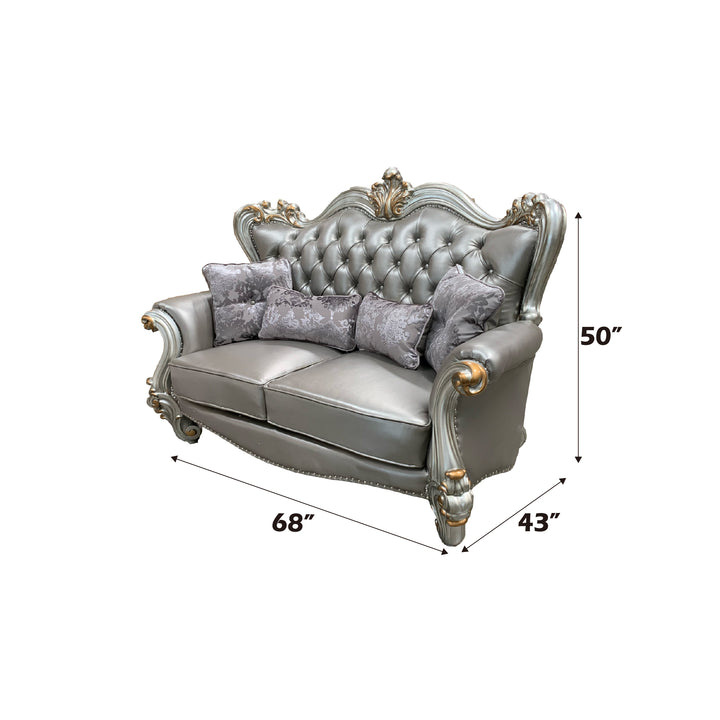 Versailles Loveseat with 4 Pillows in Silver Leatherette &amp; Antique Platinum - dimensions