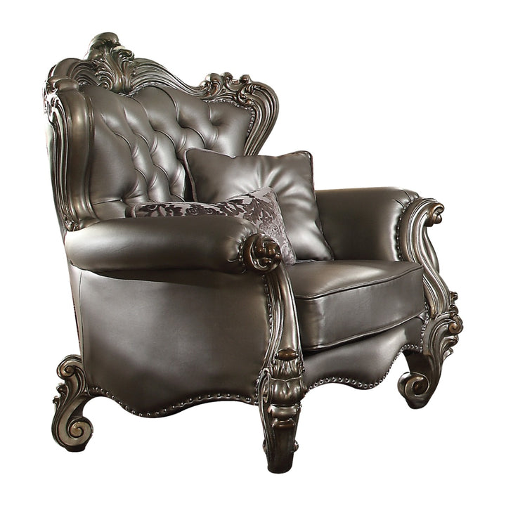 Versailles Chair with 2 Pillows in Silver Leatherette &amp; Antique Platinum