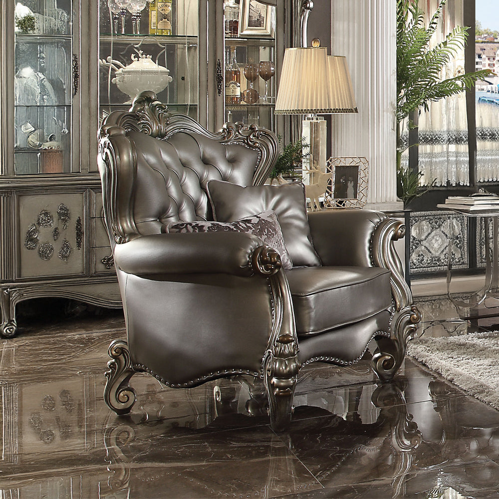 Versailles Chair with 2 Pillows in Silver Leatherette & Antique Platinum