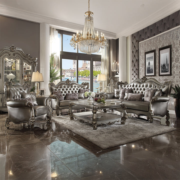 Versailles Chair with 2 Pillows in Silver Leatherette &amp; Antique Platinum - lifestyle