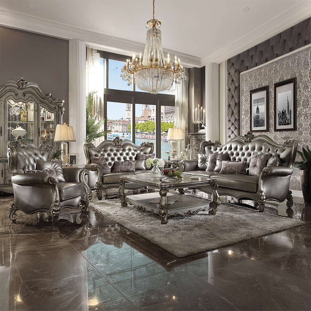 Versailles Chair with 2 Pillows in Silver Leatherette & Antique Platinum - lifestyle