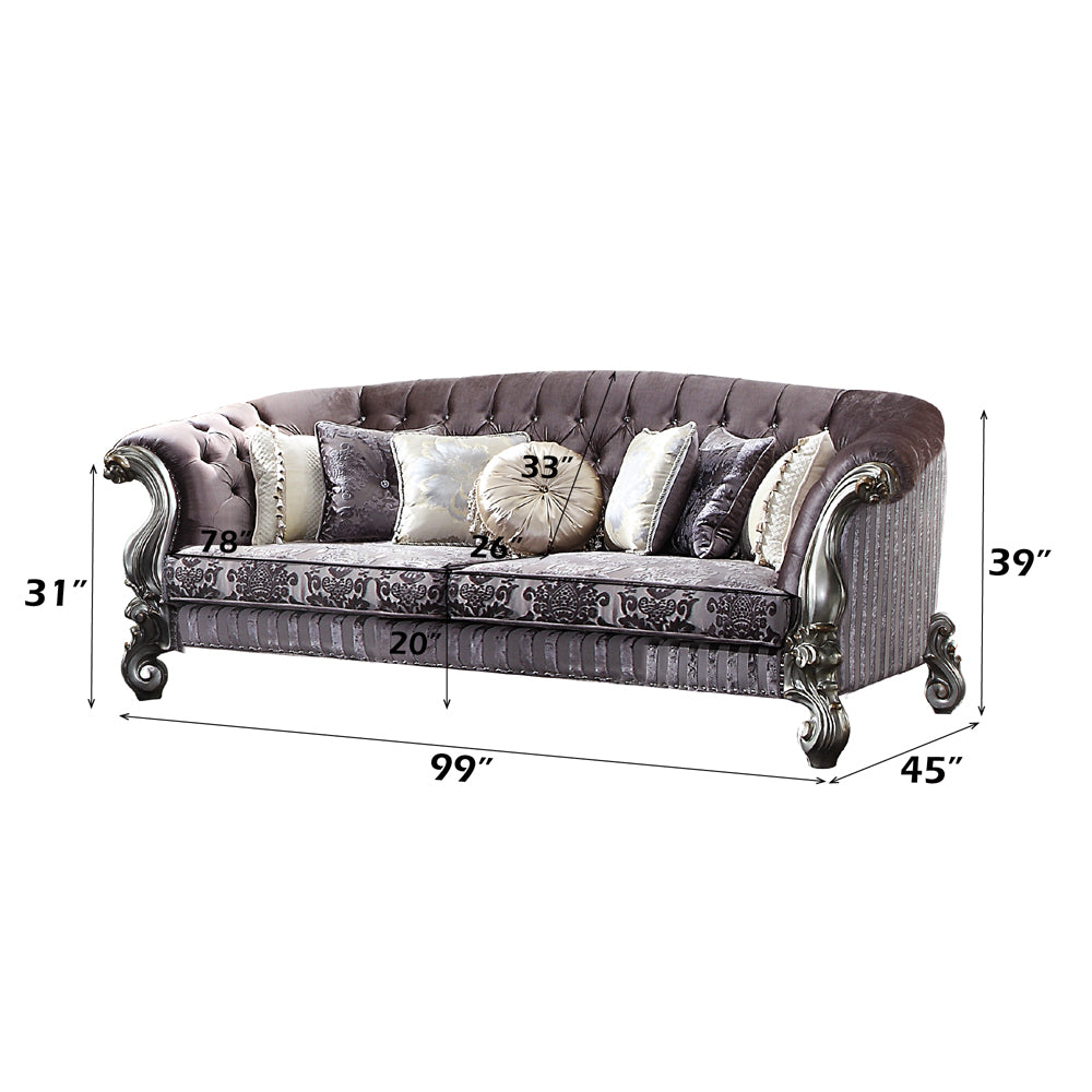 Versailles Sofa with 7 Pillows in Velvet & Antique Platinum - dimensions