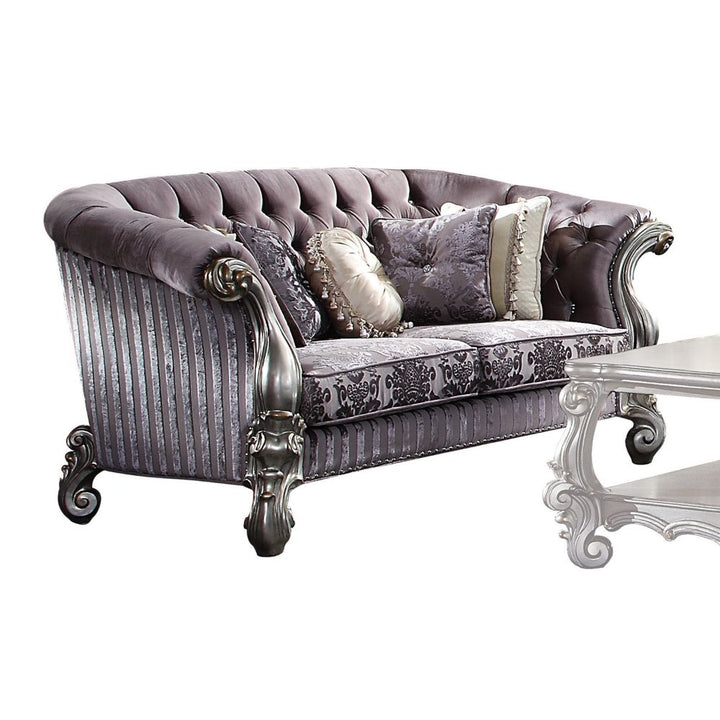 Versailles Loveseat with 5 Pillows in Velvet &amp; Antique Platinum