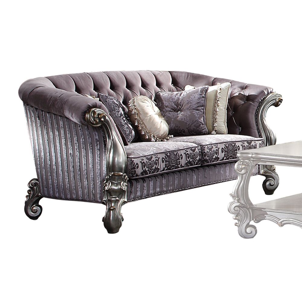 Versailles Loveseat with 5 Pillows in Velvet & Antique Platinum