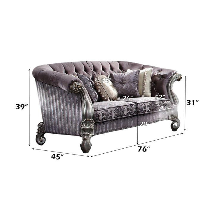 Versailles Loveseat with 5 Pillows in Velvet &amp; Antique Platinum - dimensions
