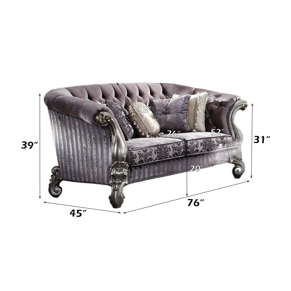 Versailles Loveseat with 5 Pillows in Velvet & Antique Platinum - dimensions