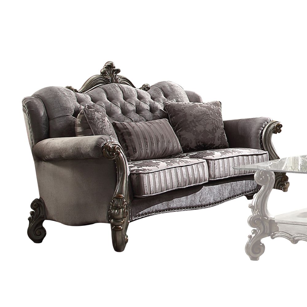 Versailles Loveseat with 3 Pillows in Velvet & Antique Platinum