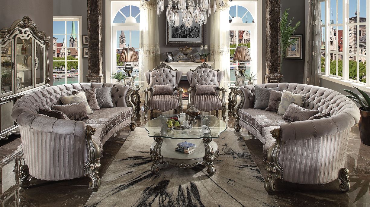 Versailles Sofa with 5 Pillows in Velvet & Antique Platinum