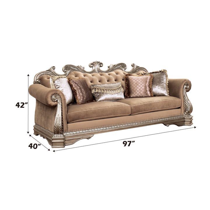 Northville Sofa with 5 Pillows in Velvet &amp; Antique Silver - dimensions