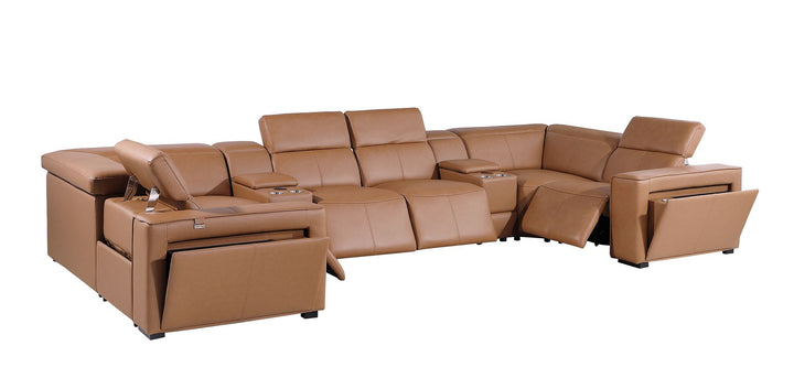 DivanItalia 1224 8-Piece U-Shaped Sectional Sofa in Top Grain Italian Leather with 4 Power Recliners &amp; Power Headrests – with Console - Cognac