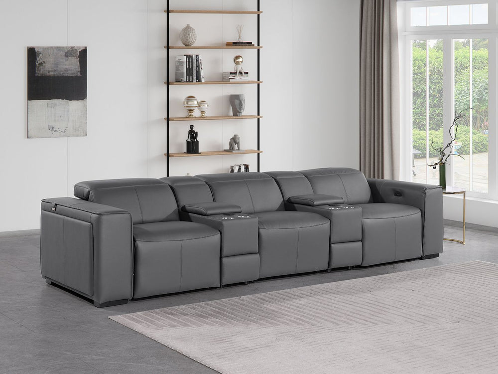 DivanItalia 1224 5-Piece Modular Power Reclining Sofa in Top Grain Italian Leather with 3 Power Recliners & Power Headrests - Dark Gray
