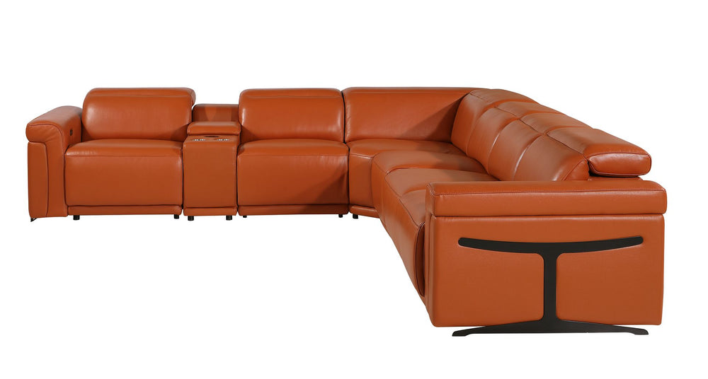 DivanItalia 1126 7-Piece L-Shaped Sectional Sofa in Top Grain Italian Leather with 4 Power Recliners & Power Headrests - Camel