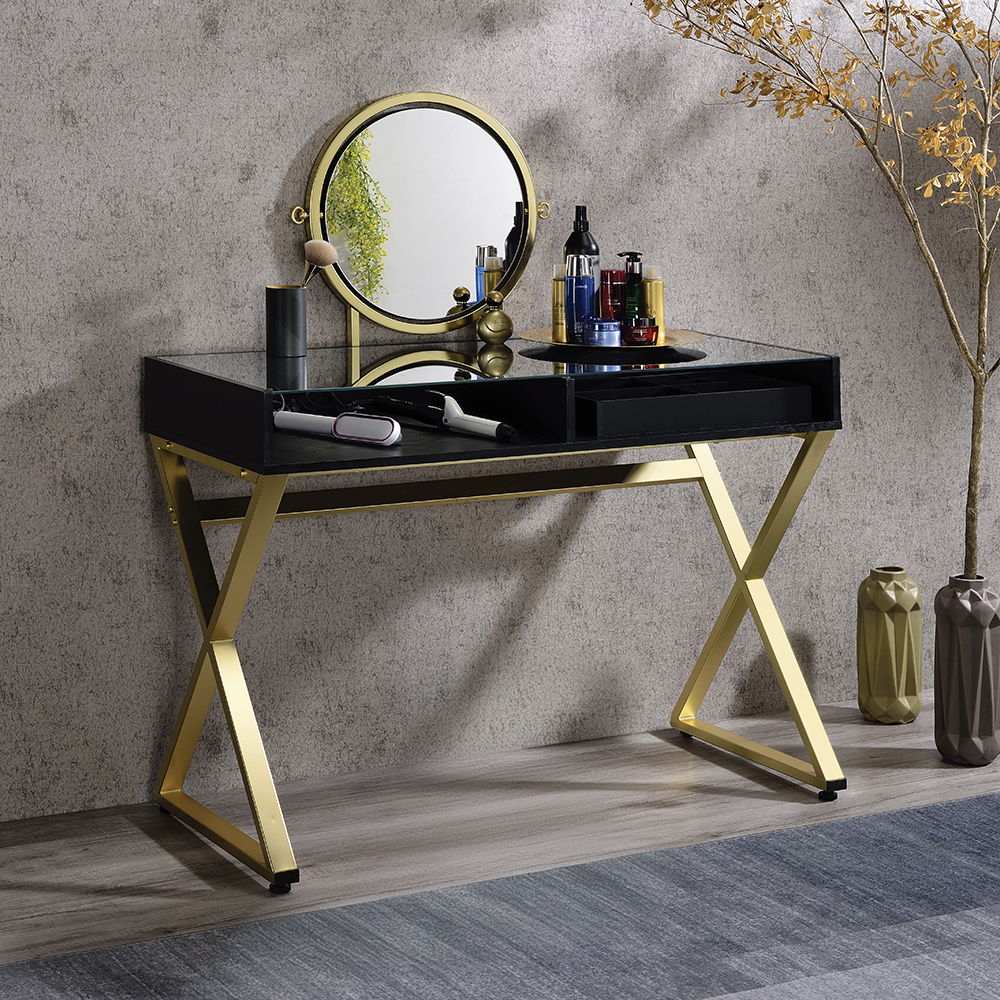 Coleen - Vanity Desk With Mirror & Jewelry Tray - Black & Gold