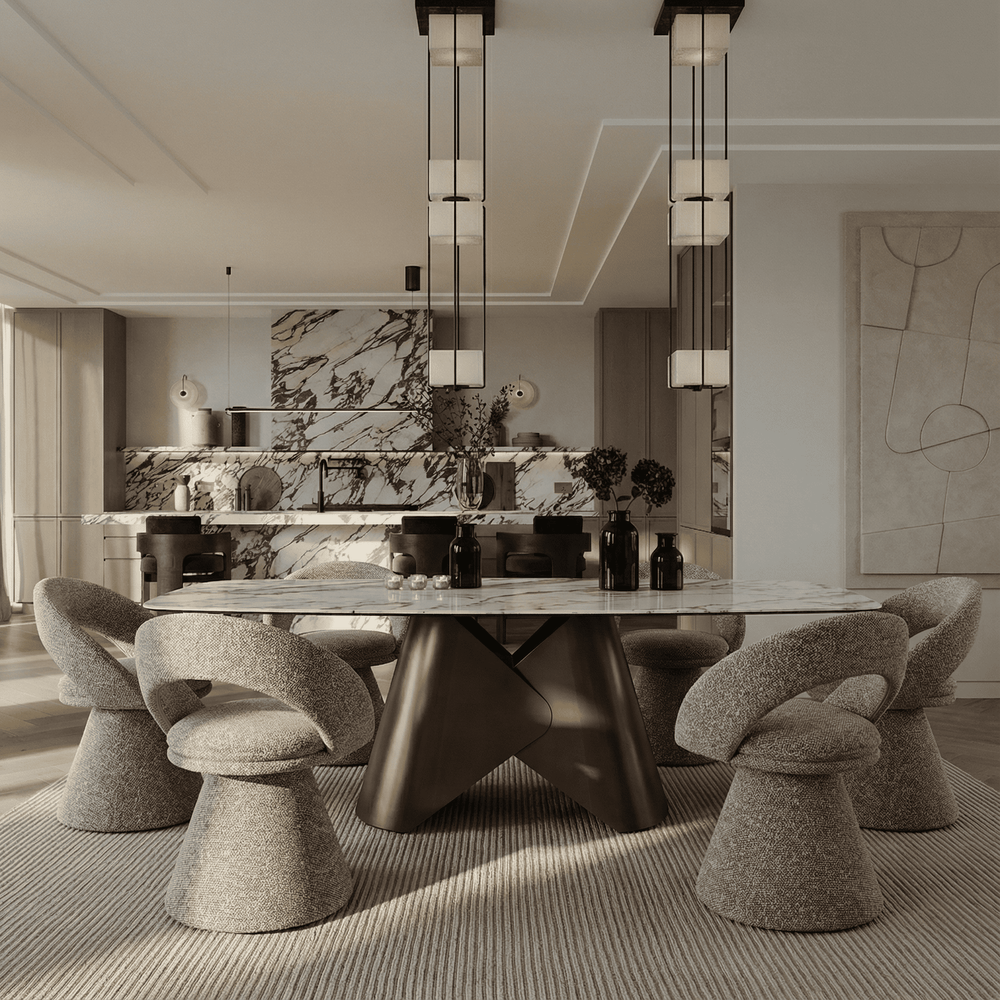Chiswell - Contemporary White Ceramic + Brushed Brass Dining Table - View 4