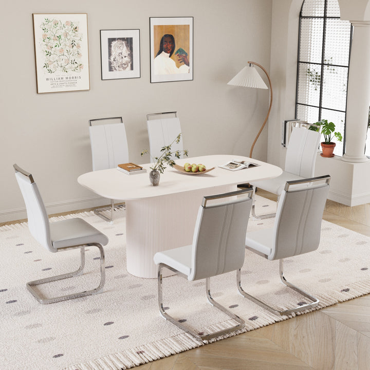 7-Piece Modern Dining Table Set with 6 White Vegan Leather Chairs