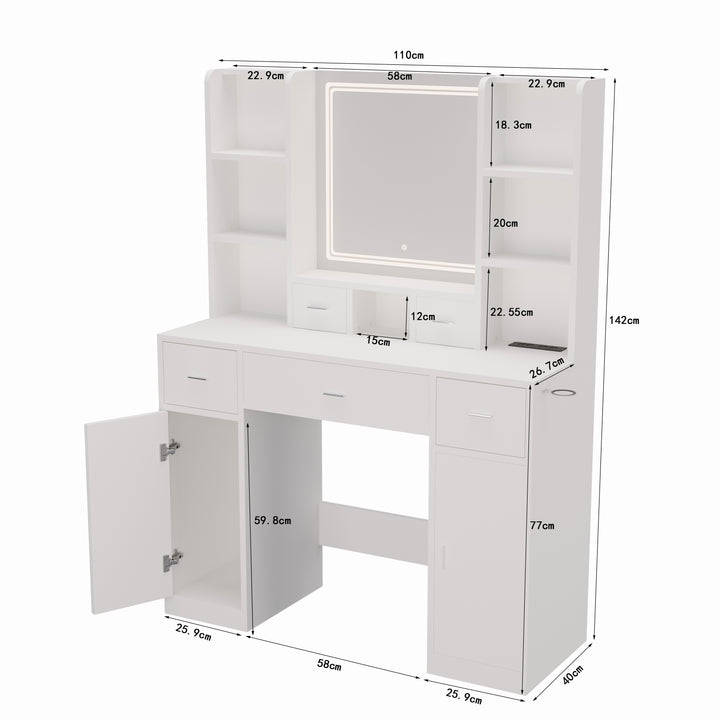 White Vanity Table with LED Mirror, Hair Dryer Rack &amp; Cushioned Stool