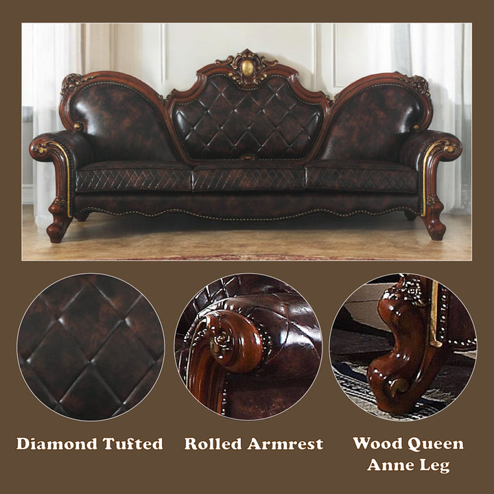 Picardy Oversized Sofa with 5 Pillows in Leatherette &amp; Honey Oak - features
