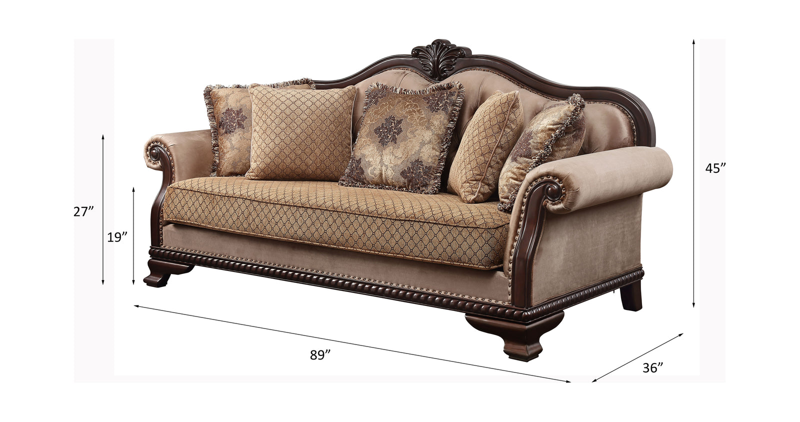 Chateau De Ville Sofa with 5 Pillows (Same LV01588) in Fabric & Espresso - line drawing