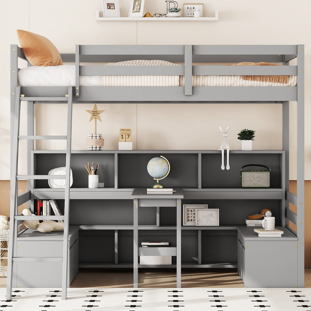 Twin Loft Bed With Storage Shelves, Drawers, Seat And Desk, Grey Color