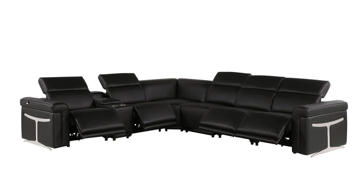 DivanItalia 1126 7-Piece L-Shaped Sectional Sofa in Top Grain Italian Leather with 4 Power Recliners &amp; Power Headrests - Black