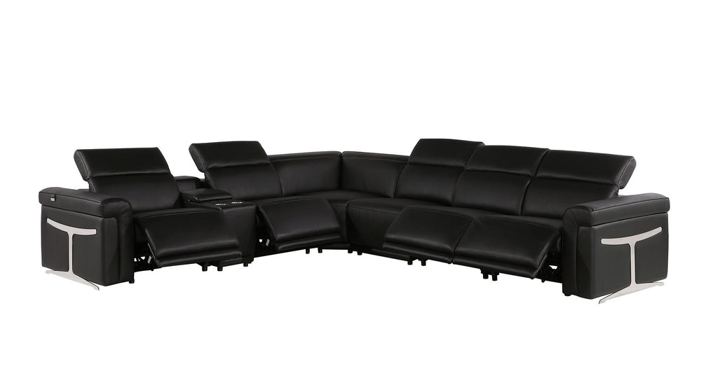 DivanItalia 1126 7-Piece L-Shaped Sectional Sofa in Top Grain Italian Leather with 4 Power Recliners & Power Headrests - Black