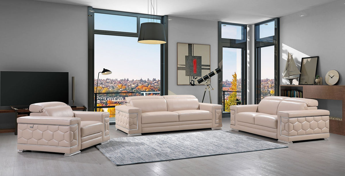 DivanItalia 692 3-Piece Sofa Set with Adjustable Headrest in Top-Grain Italian Leather - Beige
