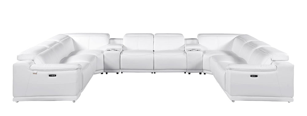 DivanItalia 9762 10-Piece U Shaped Top Grain Italian Leather Sectional Sofa with 4 Power Recliners - White