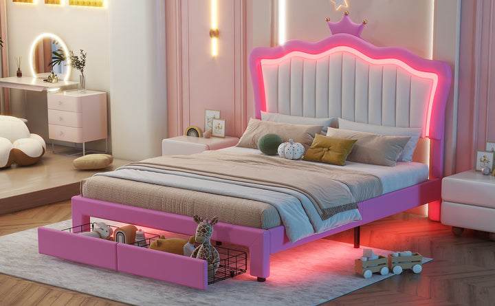 full-size-upholstered-princess-bed-frame-with-led-lights-crown-headboard-and-2-drawers-pink-white