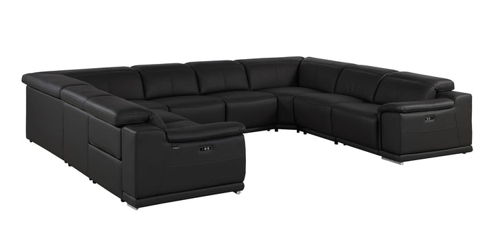 DivanItalia 9762 8-Piece U Shaped Top Grain Italian Leather Sectional Sofa with 4 Power Recliners – No Console - Black