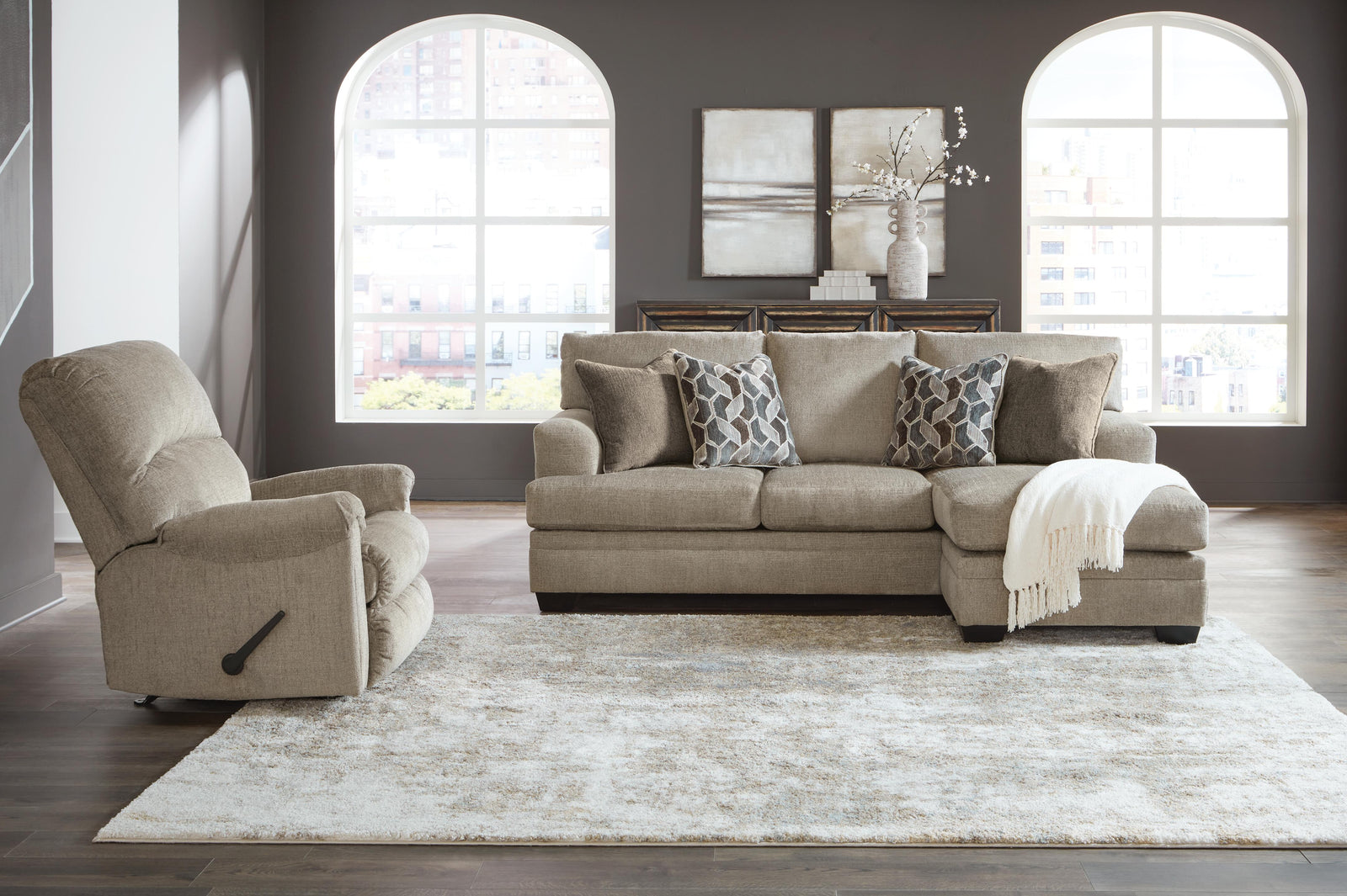 Stonemeade Sofa Chaise and Recliner - Taupe (1)