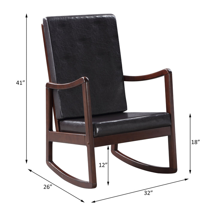 Raina Rocking Chair in Dark Brown Synthetic Leather &amp; Espresso Finish - line drawing