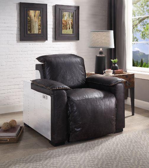 Misezon Power Motion Recliner in Dark Grain Brown Leather & Aluminum