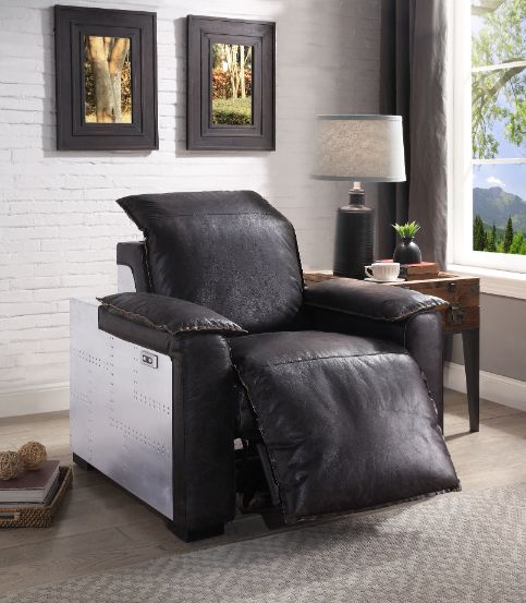 Misezon Power Motion Recliner in Dark Grain Brown Leather & Aluminum