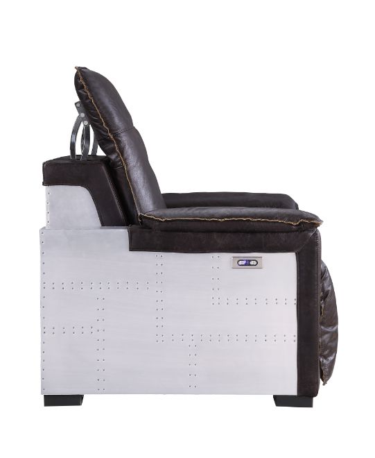 Misezon Power Motion Recliner in Dark Grain Brown Leather & Aluminum