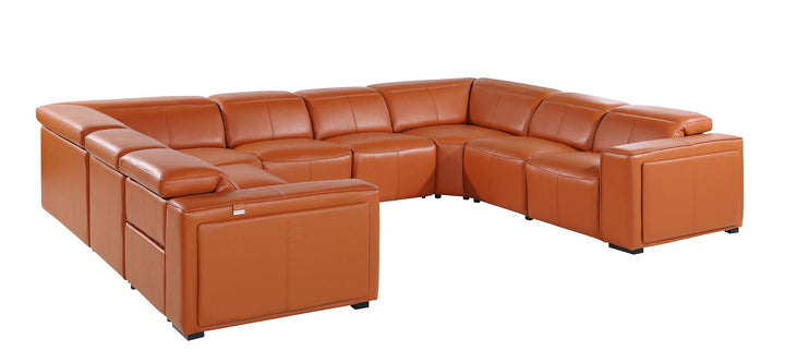 DivanItalia 1224 8-Piece U-Shaped Sectional Sofa in Top Grain Italian Leather with 4 Power Recliners &amp; Power Headrests – No Console - Camel