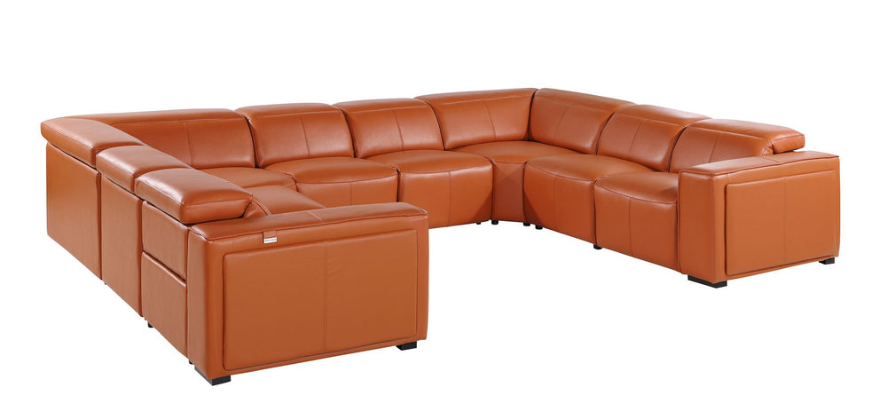 DivanItalia 1224 8-Piece U-Shaped Sectional Sofa in Top Grain Italian Leather with 4 Power Recliners & Power Headrests – No Console - Camel