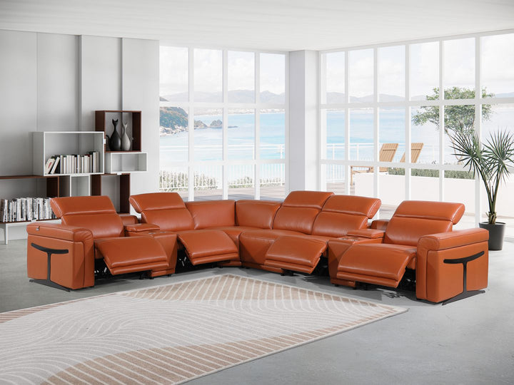 DivanItalia 1126 8-Piece L-Shaped Sectional Sofa in Top Grain Italian Leather with 4 Power Recliners &amp; Power Headrests - Camel