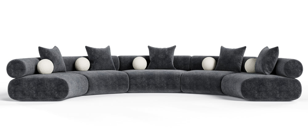 Simpson - Contemporary Dark Grey Fabric Curved Modular Sectional Sofa with Throw Pillows-5-Piece Sectional