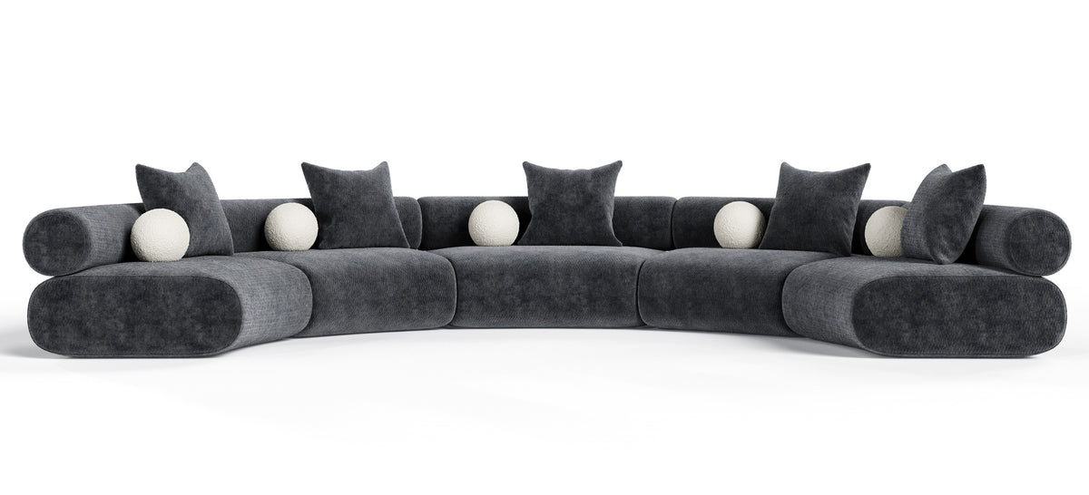 Simpson - Contemporary Dark Grey Fabric Curved Modular Sectional Sofa with Throw Pillows-5-Piece Sectional