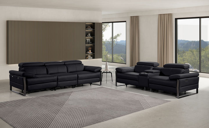 DivanItalia 1246 Modular Power Triple Reclining Sofa and Console Loveseat Set with Power Headrests – Top Grain Italian Leather - Black