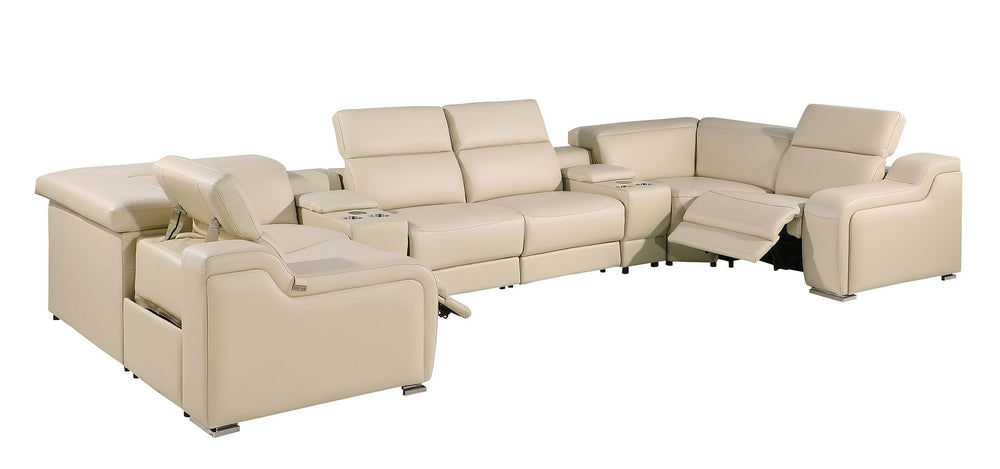 DivanItalia 1116 8-Piece U-Shaped Sectional Sofa in Top Grain Italian Leather with 2 Power Recliners & Power Headrests – with Console - Beige