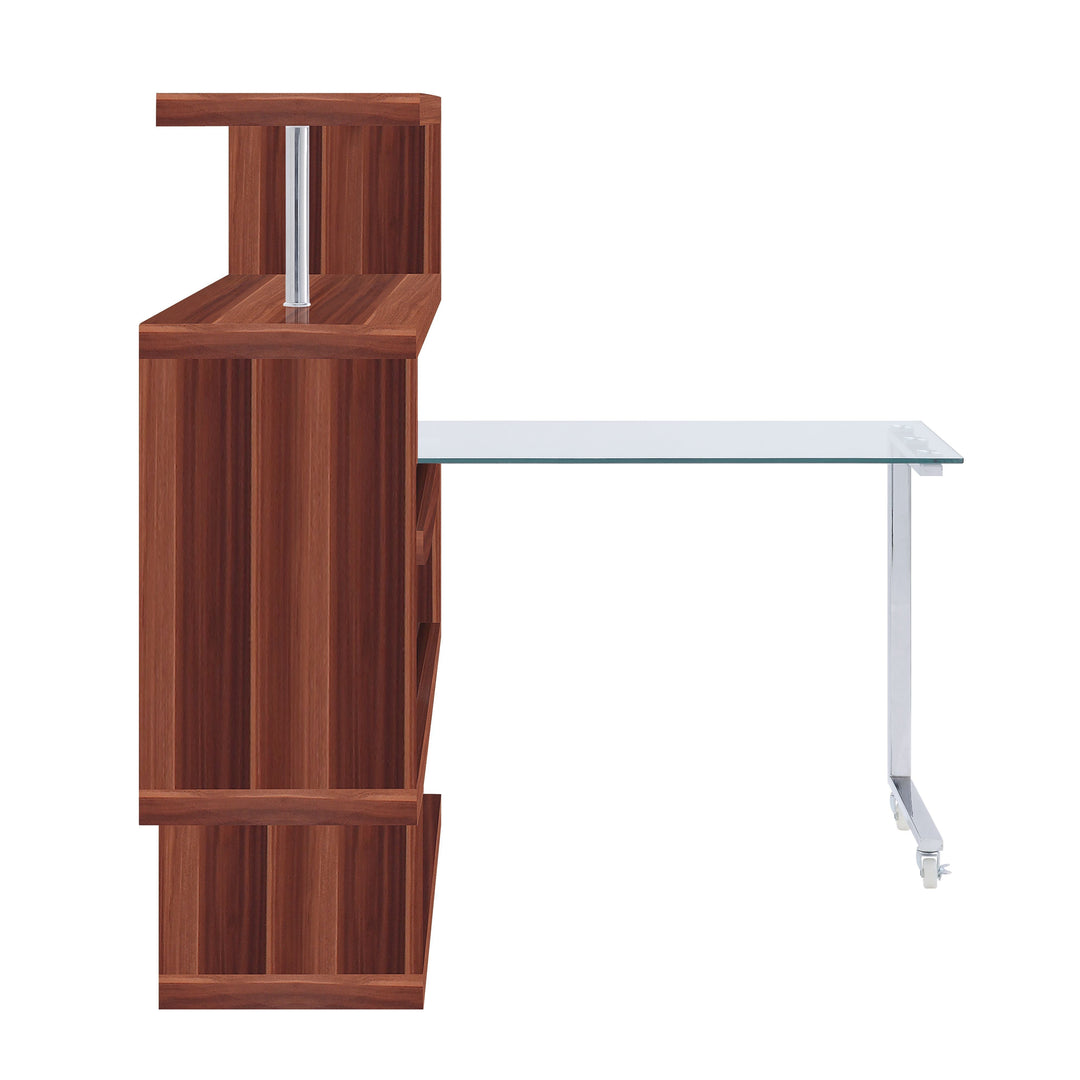 Buck II - Writing Desk With Bookshelf - Clear Glass, Chrome & Walnut High Gloss