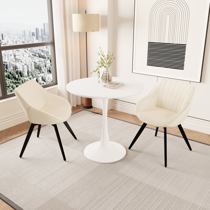 Mid-Century Modern 3-Piece Round Tulip Dining Table Set with White Table &amp; Beige Vegan Leather
